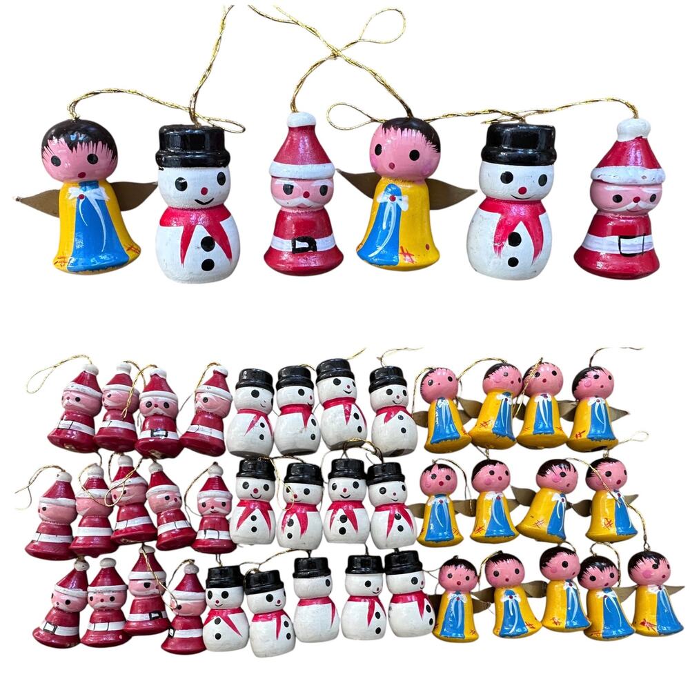 Vintage Wood Christmas Ornaments 39 Santa Snowman Angel 1.5" Set little folk art
